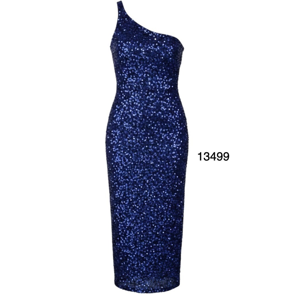 Scala Gown Women Small Blue Excellent Sequin One Shoulder Silk Beaded Back